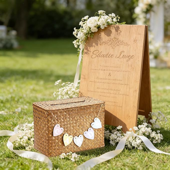 Hipiwe Handwoven Decorative Wedding Card Basket Card Receiving Box with Slot for Bridal Shower Retirement Anniversaries Decorative Card Holder, Caramel Color