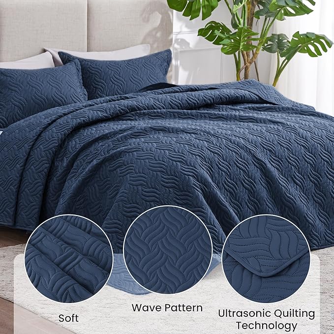 Love's cabin Quilts for Queen Bed Navy Blue Bedspreads - Soft Bed Summer Lightweight Bedspread Comforter - Modern Style Wave Pattern Coverlet for All Season - 3 Pieces (1 Quilt, 2 Pillow Shams)