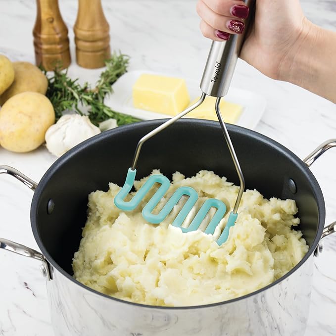 Tovolo Silicone Cooking Utensil Set of 6 Stainless Steel Handle Ladle Slotted Turner Tongs Flex Core Spatula Scraper Mixing Spoon & Masher, Dishwasher Safe BPA Free Utensils, Aqua Seafoam Green