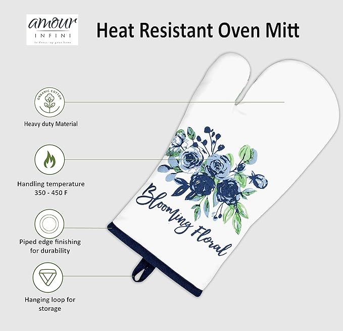 AMOUR INFINI Oven Mitts Set of 1 Quilted Liner with Hanging Loop Non Slip, Heat Resistant, Washable Reusable Oven Mitt (Blooming Floral 7x13 Inches)