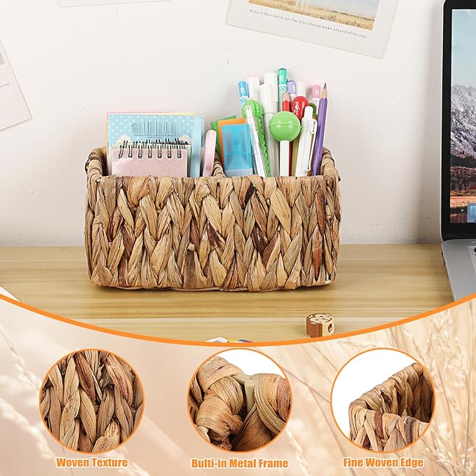 BTSKY Handwoven Remote Control Holder for Table, Natural Water Hyacinth Remote Organizer Caddy Small Wicker Storage Basket, 2-Compartment Office Supplies Desk Organizer Rustic Makeup Brushes Holder