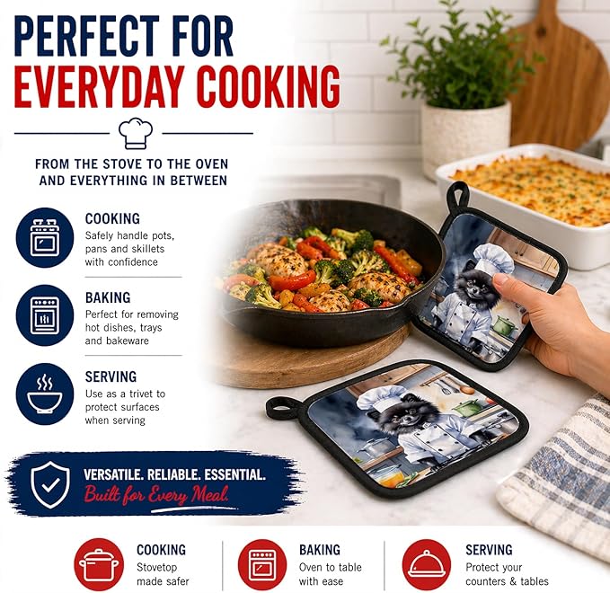 Caroline's Treasures Pomeranian The Chef Pair of Pot Holders Kitchen Heat Resistant Pot Holders Sets Oven Hot Pads for Cooking Baking BBQ, 7 1/2 x 7 1/2