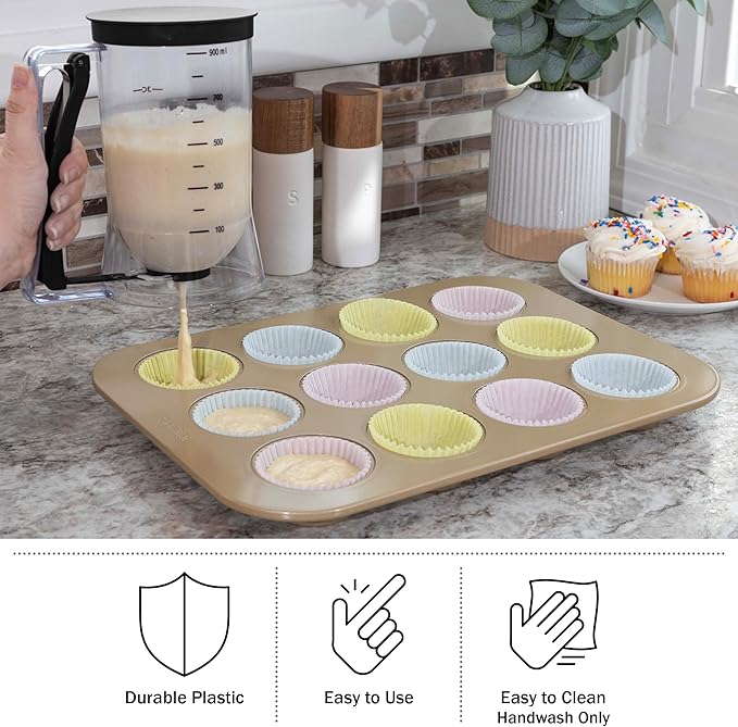 Pancake Batter Dispenser - 4-Cup Batter Dispenser with Squeeze Handle for Pancakes, Waffles, Muffins, and Crepes - Baking Tools (Black)