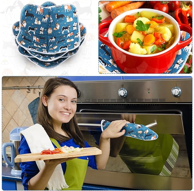 Cunhill Microwave Bowl Holders 4 Pcs Bowl Potholders Hot Holder Multipurpose Hot Heat Proof Plate Holder Pot Holders for Kitchen Supplies(Dog Style, Blue Green)