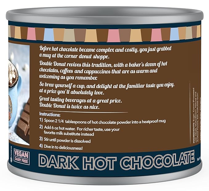 Double Donut Coffee Dark Vegan Hot Chocolate, Rich Dark Chocolate Hot Cocoa, Gluten Free, Dairy Free Hot Chocolate Mix for Velvety Smooth Vegan Hot Cocoa Mix, 9.87 Ounce Canister