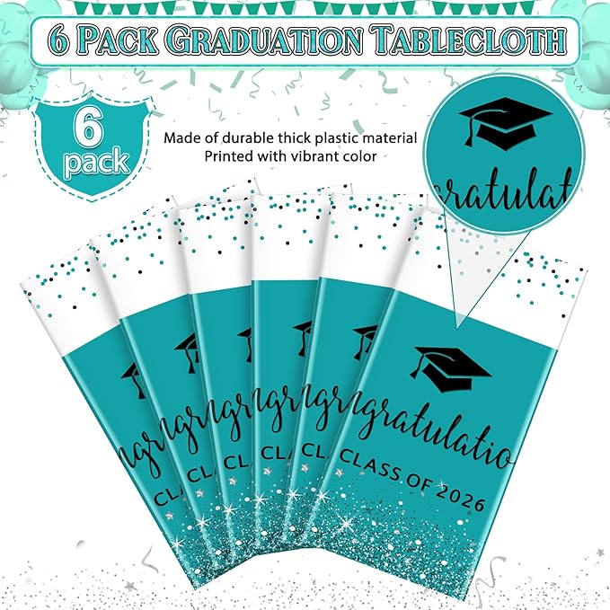 6 Pack Class of 2026 Graduation Tablecloths,Foil Dot Plastic Disposable Rectangle Table Covers for 2026 High School University College Graduation Party Decorations,108*54 Inch (Teal and Black)