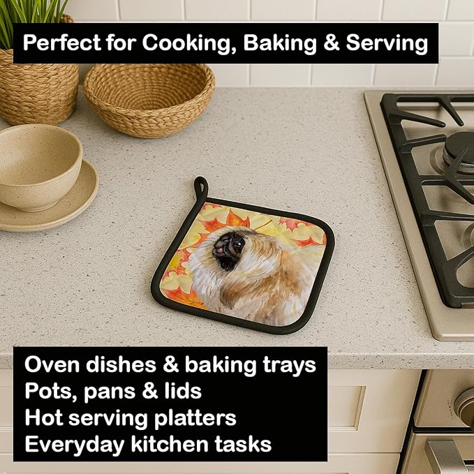 Caroline's Treasures BB9942PTHD Pekingese Fall Pair of Pot Holders, Yellow Kitchen Heat Resistant Pot Holders Sets Oven Hot Pads for Cooking Baking BBQ, 7 1/2 x 7 1/2