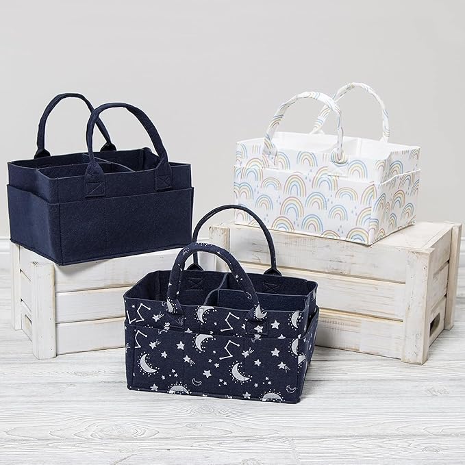 Sammy & Lou Diaper Caddy Organizer - Collapsible Tote Bag with Handles - Organizer for Diapers, Wipes & Baby Changing Supplies - Felt Storage Organizing Bin for Car, Desk, Nursery (Navy Blue)