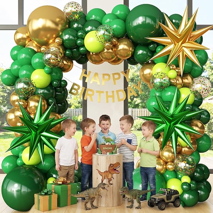 Green and Gold Balloons Garland Arch Kit with Stars Different Shade Green Balloons for Birthday 2026 Graduation Baby Shower Junle Safari Dinosaur Party Anniversary Decorations