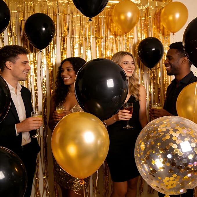 Gold Foil Fringe Curtain Party Decoration Kit, 2 Pack Metallic Backdrop with Gold & Black Balloons, Balloon Garland Accessories for Birthday, Wedding, Photo Booth, Holiday Parties