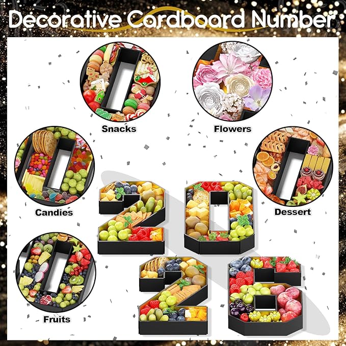2026 Fillable Numbers for Charcuterie 13.8'' Cardboard Number Black Gold 2026 Shaped Board Trays for New Year Graduation Party Decorations Food Candy Paper Mache Cupcake Pans Cookies Box Container