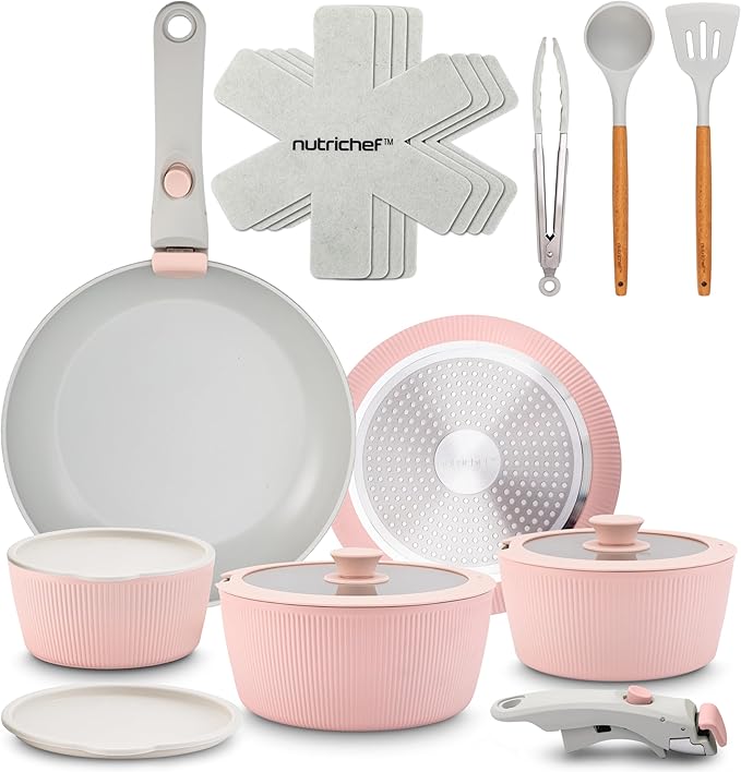 NutriChef 18-Piece Ceramic Cookware Set with Detachable Handles, Space-Saving Nonstick Pots, Pans & Lids, Oven-Safe Bowls, Stackable Storage, Includes Cooking Utensils & Accessories (Pink)