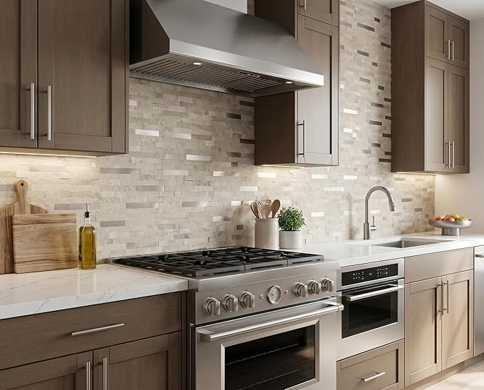 Yipscazo 20 Sheets Peel and Stick Stone Metal Tile Backsplash, Stick on Tiles for Backsplash Kitchen, Bathroom, Laundry Room, Camper, Fireplace (12'' X 12'', Beige Stone with Gold Metal)
