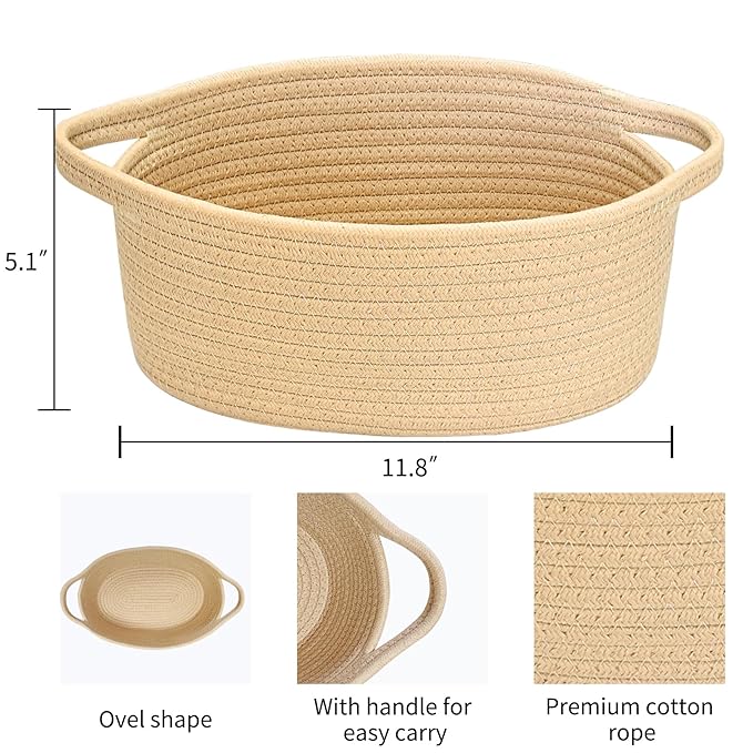 ABenkle Small Basket with Handles - Decorative Durable Rope Woven Storage Bin Shelf Storage Organizer Cube, Easter Baby Gift Basket, 12"x8"x5"