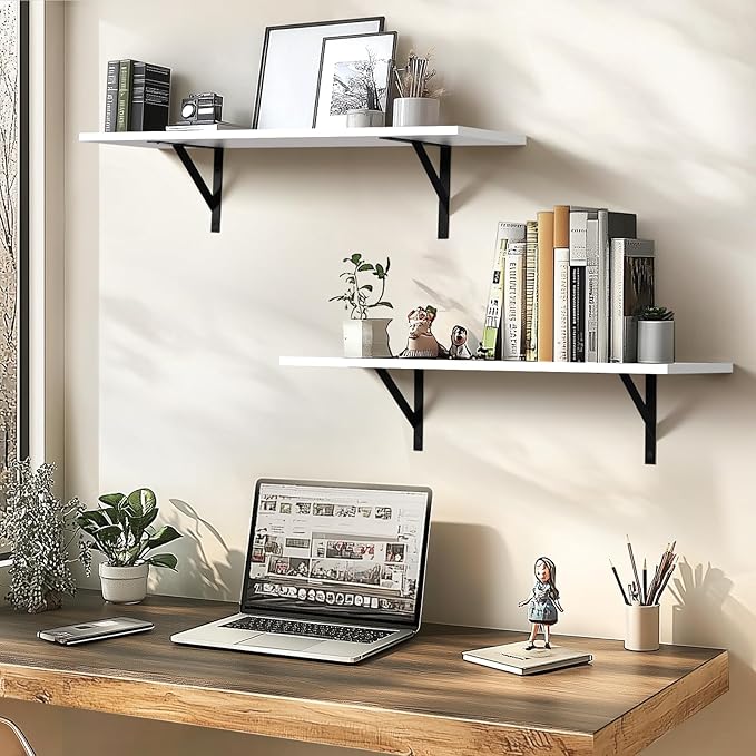 Tectocker-DOU Heavy Duty Long Wall Shelves Set of 2, Floating Shelves Wall Mounted with Industrial Brackets, 40lbs Capacity Shelves for Laundry Room, Kitchen, Bathroom, Living Room (31.5"*8",White)