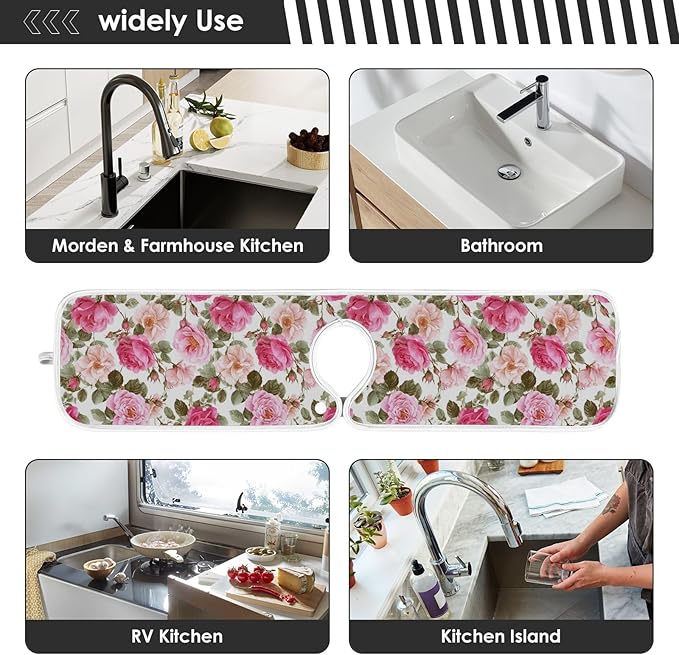 Kitchen Faucet Absorbent Mat,Pink Rose Flower Floral Water Splash Guard for Sink, Faucet Drip Catcher Thicken Sponge Microfiber Faucet Water Catcher Mat Sink Absorbent Mat for Kitchen 14x5in 2 Pack