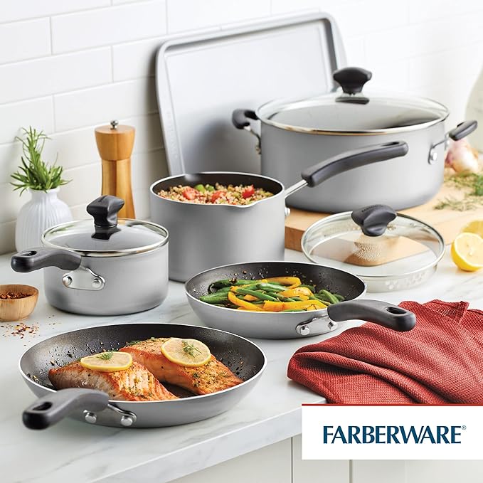 Farberware Cookstart DiamondMax Nonstick Cookware/Pots and Pans Set, Dishwasher Safe, Includes Baking Pan and Cooking Tools, 15 Piece - Silver