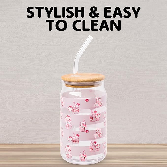 Silver Buffalo Sanrio Hello Kitty Strawberry Milk Pink Glass Jar Tumbler with Bamboo Lid and Glass Straw, 16 Ounces