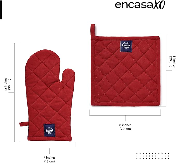 Encasa XO Heat Resistant 100% Cotton Oven Glove & Potholder Set with Loop, Kitchen Cooking Mittens, Microwave Safe Hot Pads (Red)