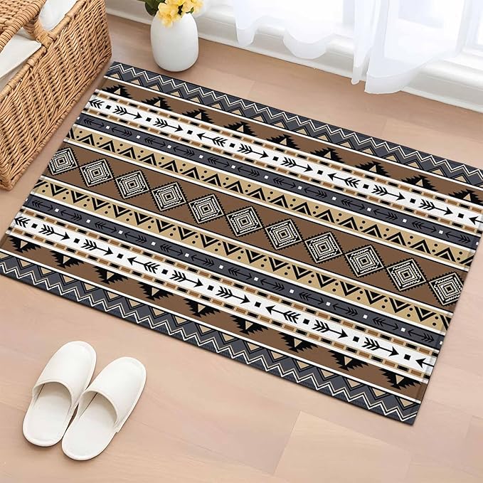 Area Rug 2x3ft, Boho Tribal Stripes Washable Rugs for Living Room Bedroom, Ethnic Borders Arrow Motifs Soft Non-Slip Area Rugs Rectangle Floor Carpet for Dining Room