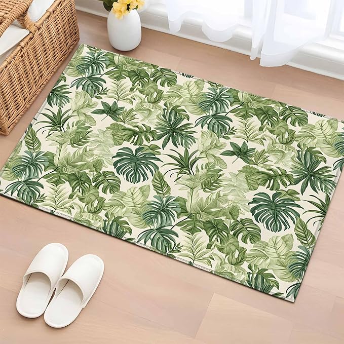 Area Rug 2x3ft, Green Palm Leaf Watercolor Washable Rugs for Living Room Bedroom, Summer Tropical Leaves Soft Non-Slip Area Rugs Rectangle Floor Carpet for Dining Room