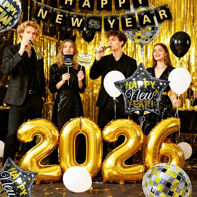 Happy New Year Decorations 2026, Foil Balloon Fringe Curtains Latex Balloons Curtains Photography Backdrops Photo Booth Props Blowouts for New Years Eve Celebration