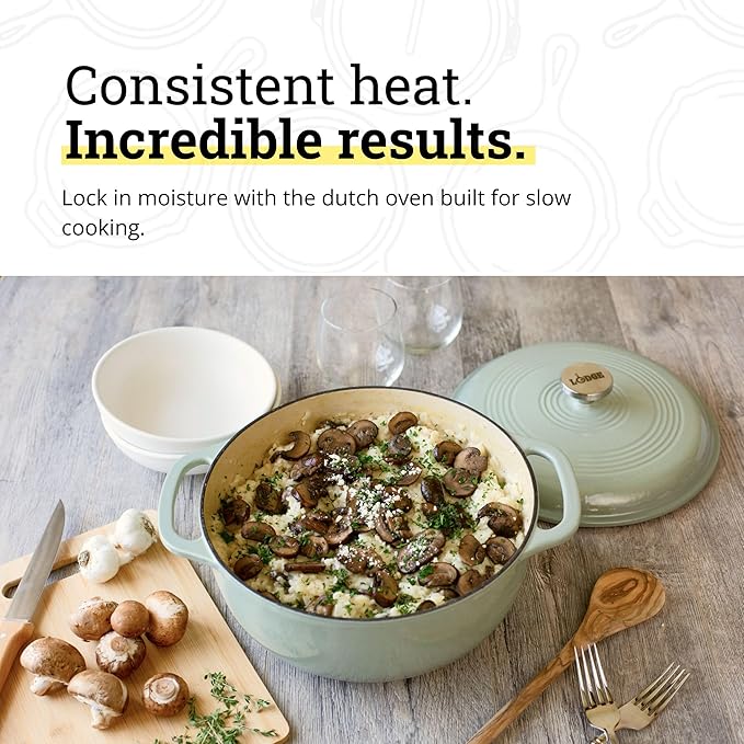Lodge Essential Enamel Cast Iron Dutch Oven - Perfect for Bread Baking, Braising, Marinating & Slow Cooking - Features Moisture-Sealing Lid & Dual Handles - Kitchen Essentials - 6 Quarts - Desert Sage