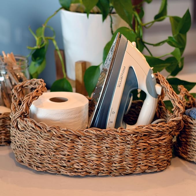 WHW Whole House Worlds Seagrass Baskets, Set of 3, Thick Chunky Sweater Weave, Decorative Vanity Organizers, Closet Storage Bins, Oval, 13.75, 11.75, and 9.5 Inches