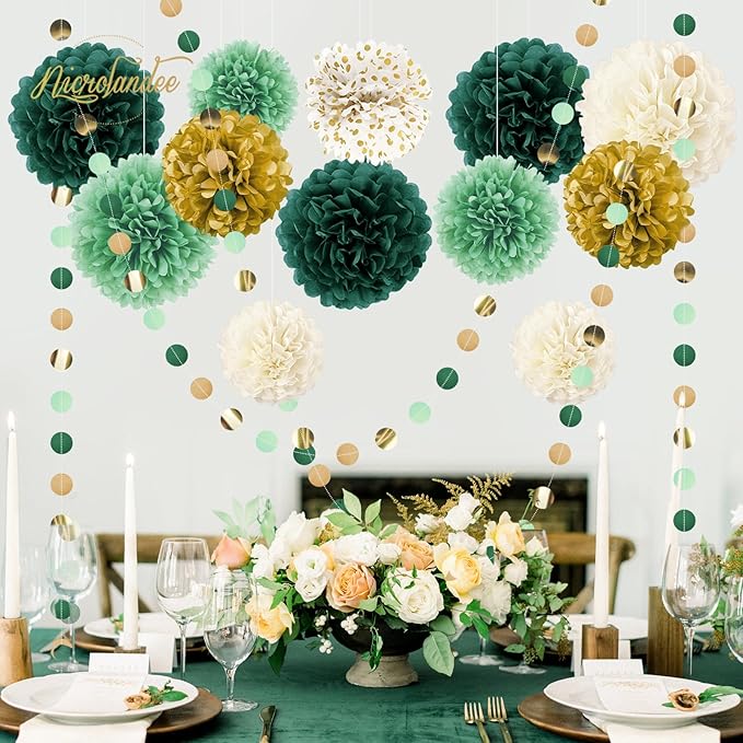 NICROLANDEE Green Wedding Party Decorations - 15 PCS Green Tissue Paper Pom Poms, Dots Paper Garland for Neutral Baby Shower, St. Patrick's Day Party, Birthday, Bridal Showers, Rustic Wedding Decor