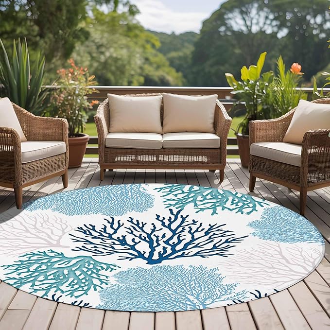 Washable Round Area Rug Classic Sea Blue Coral Circle Rugs Floor Carpet for Living Room Bedroom, Abstract Marine Life Scenery Soft Non Slip Round Rug 5ft