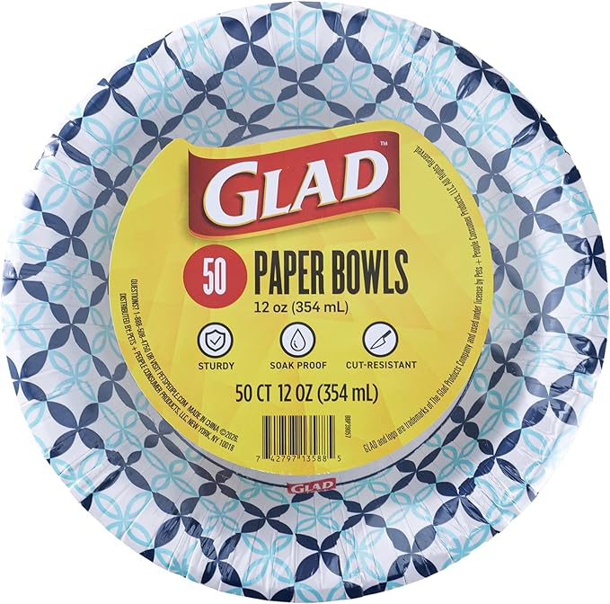 Glad Round Disposable Paper Bowls, Blue Happy Daisies Design, 16 Oz, 50 Count – Soak-Proof & Cut-Resistant – For Soup, Cereal, Salads & Everyday Use