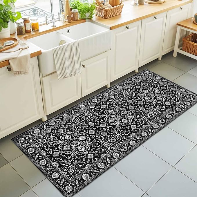 Runner Rug for Bedroom Hallway, Paisley Vintage Black Floral Kitchen Runner Rugs Area Rug 2x6ft, Classic Flower Texture Washable Soft Floor Carpet for Entryway Stair