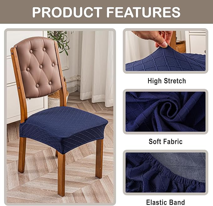 Genina Waterproof Seat Covers for Chairs,Set of 2 Dining Room Chair Seat Covers for Kitchen,Stretch Jacquard Removable Washable Dining Chair Slipcovers Protectors,No Rear Covers, Navy Blue