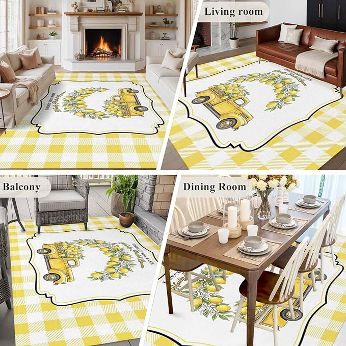 Area Rug 6x9ft, Farm Yellow Truck Lemon Fruit Washable Rugs for Living Room Bedroom, Flower Leaves Buffalo Plaid Soft Non-Slip Area Rugs Rectangle Floor Carpet for Dining Room