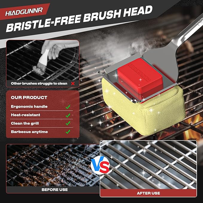 Grill Brush Bristle Free with Collapsible Bucket, BBQ Grill Cleaning Brush for Outdoor with Replaceable Head and Scraper, Safe Non-Metallic Bristles for Cast Iron or Stainless-Steel Grill Tools