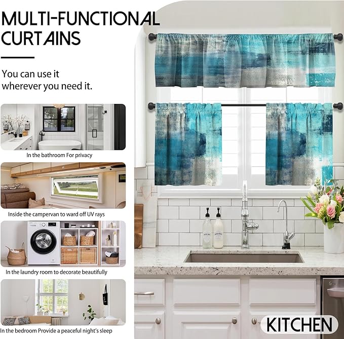 MCALK Turquoise Blackout Kitchen Curtains Tiers and Valances Set 3 Piece for Windows Grey Kitchen Window Curtains Set,Modern Abstract Art Valances for Living Room(36" Tiers Set)