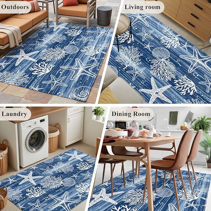 Navy Blue Coastal 2.7x5 Area Rugs, Ocean Coral Starfish Non-Skid Rubber Backing Large Rectangle Rugs - Living Room Bedroom Home Office, Summer Beach Indoor Floor Mat Carpets Washable Rug