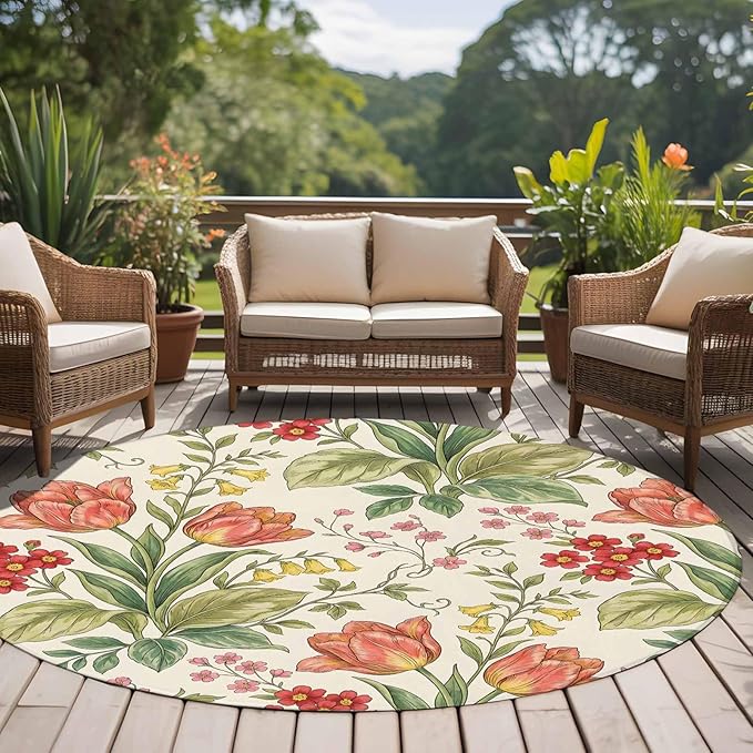 Washable Round Area Rug Vintage Tulips Red Daisies Circle Rugs Floor Carpet for Living Room Bedroom, Yellow Blooms Floral Pattern Soft Non Slip Round Rug 5ft