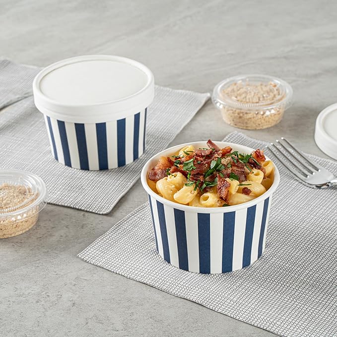 Coppetta 5 Ounce Dessert Cups, 50 Disposable Ice Cream Cups - Lids Sold Separately, Sturdy, Blue And White Paper FroYo Bowls, Striped, For Hot And Cold Foods, Perfect For Gelato - Restaurantware