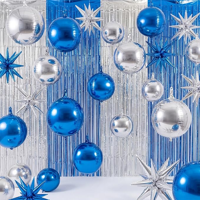 Seenelling 25 Pcs Blue and Silver Graduation Party Decorations 2026 Sets 22 Inch 4D Large Stars Balloons with Metallic Tinsel Foil Fringe Backdrop Curtains for Birthday Anniversary Wedding Decor