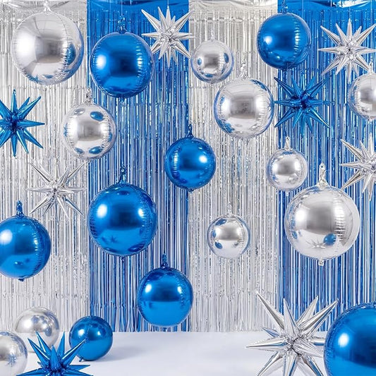 Seenelling 25 Pcs Blue and Silver Graduation Party Decorations 2026 Sets 22 Inch 4D Large Stars Balloons with Metallic Tinsel Foil Fringe Backdrop Curtains for Birthday Anniversary Wedding Decor