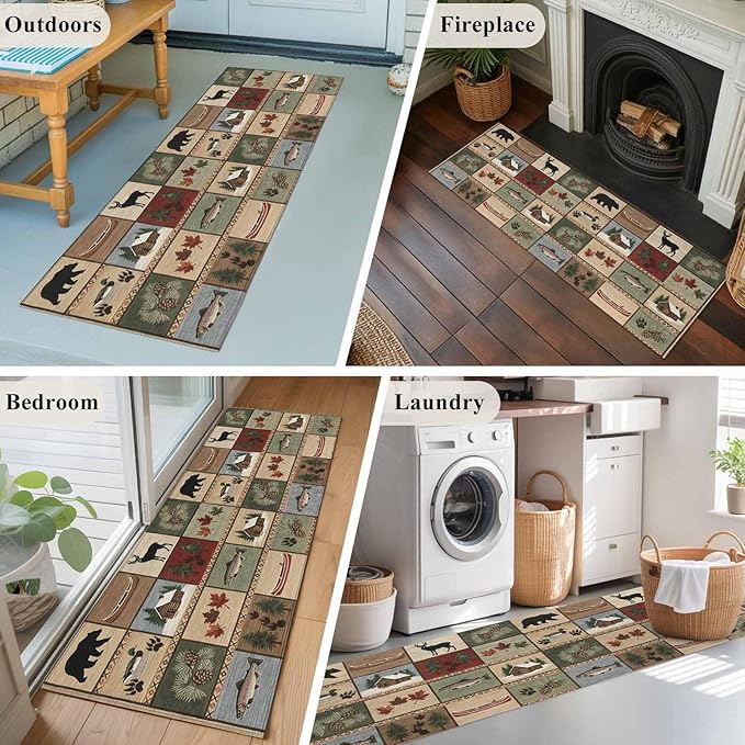 Runner Rug for Bedroom Hallway, Vintage Bear Forest Deer Fish Village Kitchen Runner Rugs Area Rug 2x6ft, Retro Wildlife Themes Washable Soft Floor Carpet for Entryway Stair