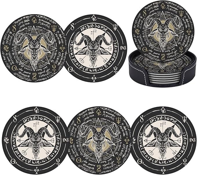 Satanic Goat Star Leather Drinks Coasters with Holder, Set of 6, Suitable for Various Cups