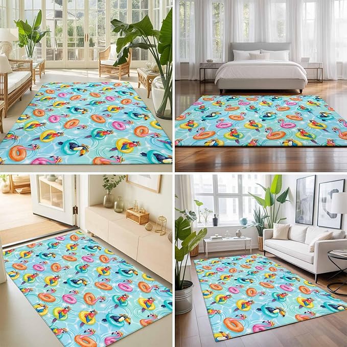 Area Rug 4x6ft, Summer Pool Float Swim Rings Washable Rugs for Living Room Bedroom, Tropical Flamingo Birds Soft Non-Slip Area Rugs Rectangle Floor Carpet for Dining Room