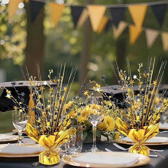 18 Pack 2026 Graduation Table Centerpiece Decoration Metallic Foil Spray Centerpiece Glitter Star Brust Table Topper Decoration for Graduation Birthday New Year Holiday Party Supplies (Black and Gold)