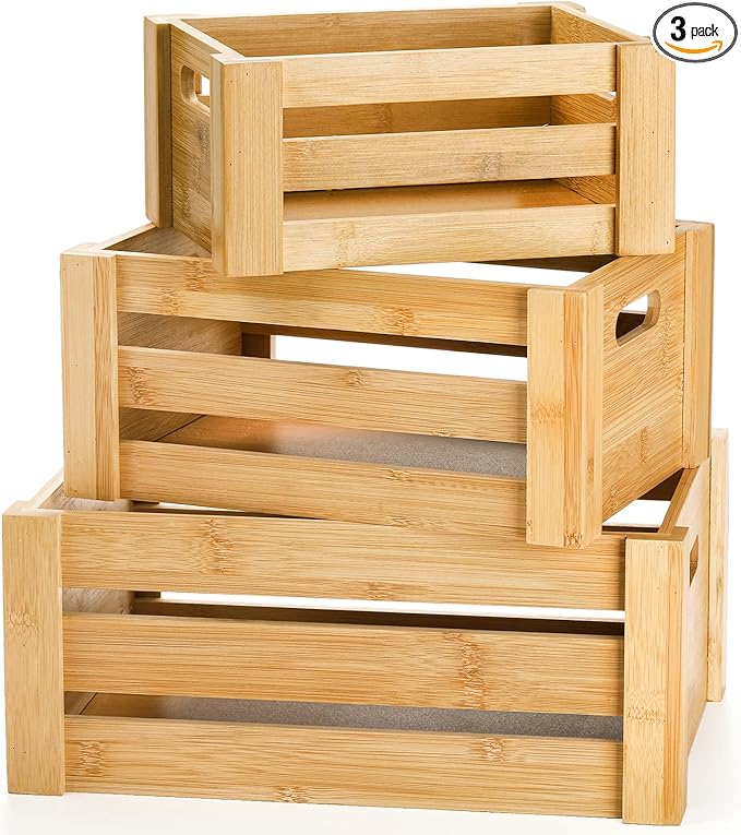 Lawei Set of 3 Bamboo Nesting Crates with Handles, Rustic Decorative Storage Container Box, Crate Box for Display, Farmhouse Bamboo Basket Bins for Fruit, Vegetable, Kitchen, Office, Bedroom, Closet