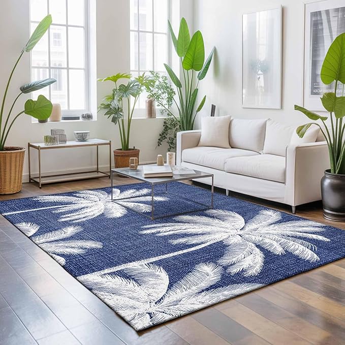 Area Rug 3x5ft, Coastal Palm Trees on Blue Washable Rugs for Living Room Bedroom, Minimalist Tropical Leaves Soft Non-Slip Area Rugs Rectangle Floor Carpet for Dining Room