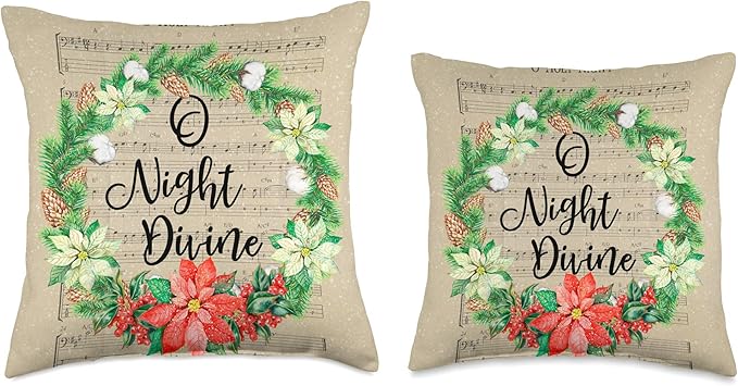 Christmas Sheet Music O Holy Night with Watercolor Wreath Throw Pillow
