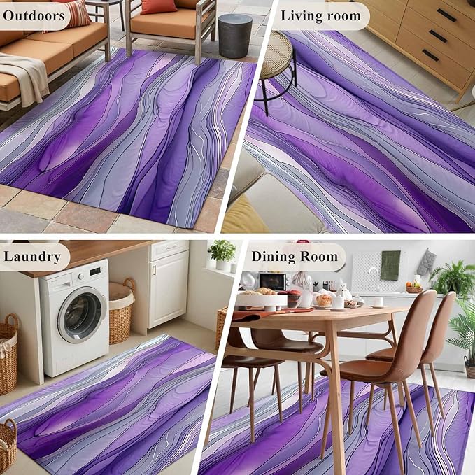 Area Rug 4x6ft, Abstract Art Purple Gray Wave Washable Rugs for Living Room Bedroom, Vintage Marble Texture Soft Non-Slip Area Rugs Rectangle Floor Carpet for Dining Room