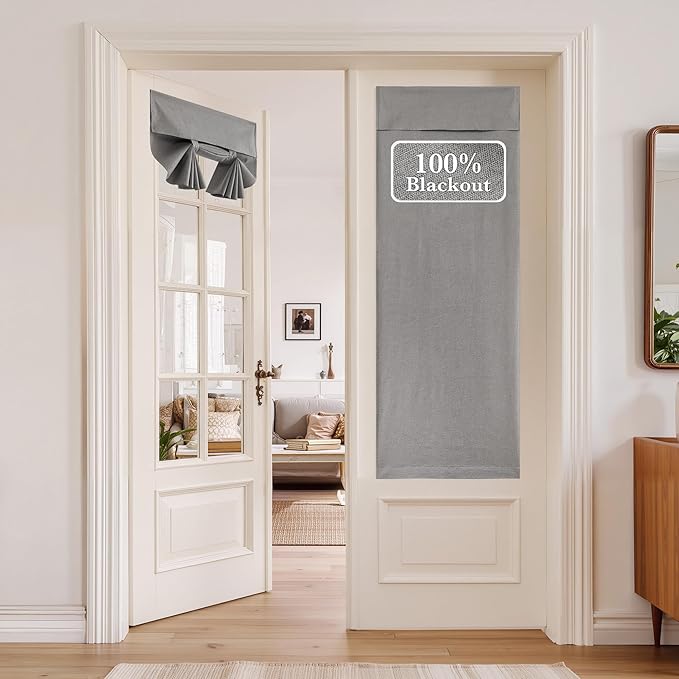 NICETOWN 100% Blackout Linen Door Curtains for Window, Privacy French Door Curtain 69 Inches Long for Kitchen Living Room, Room Darkening Window Covering, 1 Panel, 30W x 69" L, Grey